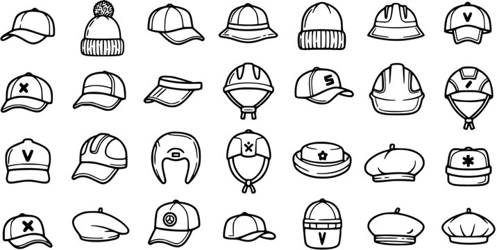 Black and White Line Art Icons of Hats and Headwear. A diverse collection featuring Fashion, Sports, and Protective Headwear, including Caps, Beanies, Berets, Helmets, and Visors.