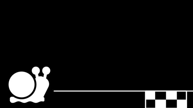 A small white snail prepares to cross a checkered finish line indicating that slow and steady progress eventually leads to a successful completion