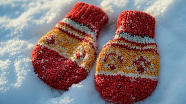 Close-up of colorful warm handmade wool mittens with a traditional pattern laying on fresh white snow