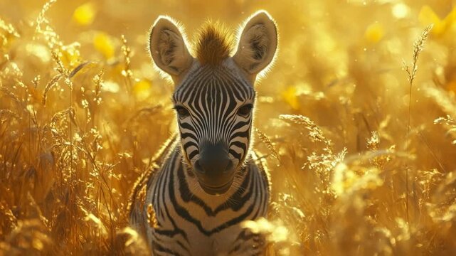Cute baby zebra sitting in a field of tall golden grass during a beautiful sunset