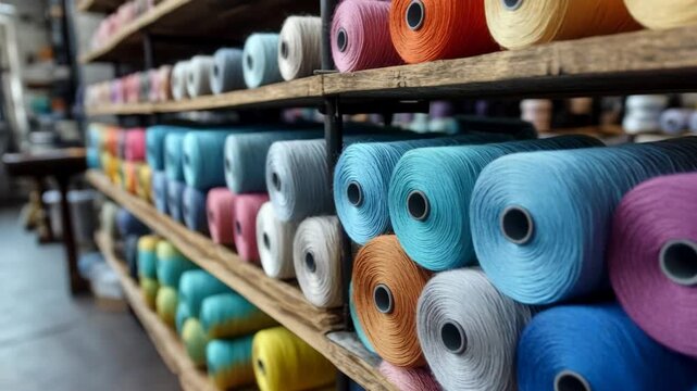 Colorful spools of yarn neatly arranged on wooden shelves inside a textile manufacturing warehouse
