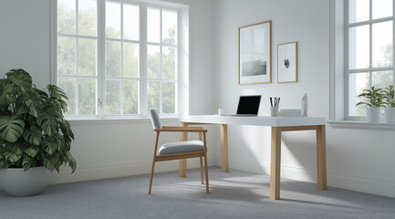 Fototapeta premium Bright minimalist home office featuring white desk wooden chair monstera plant framed artwork large windows.