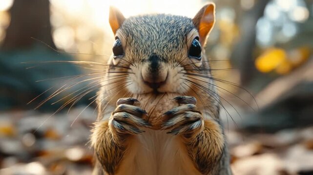 Adorable squirrel eating a nut in a beautiful autumn forest with golden sunlight backlighting