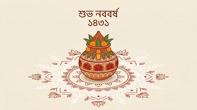 Bengali New Year greeting card with traditional Kalash on Alpona floor art background.