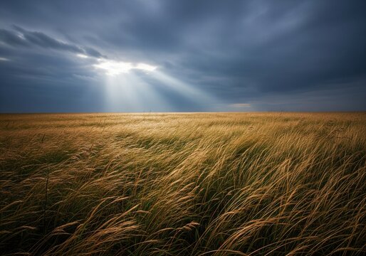 Sunbeams pierce stormy clouds over a golden field of tall grass