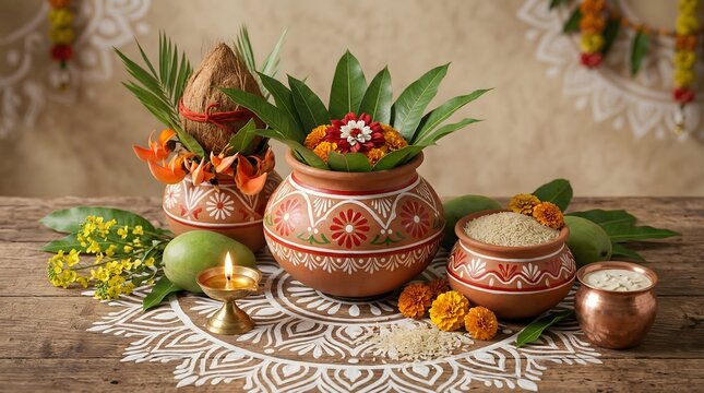 Bengali New Year greeting design with traditional Kalash, Kula fan, and floral ornaments.