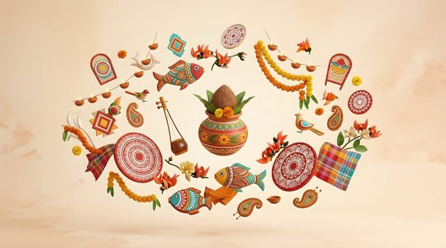 Traditional Bengali celebration panels with palanquin, dhol drum, fish, and kalash ornaments.