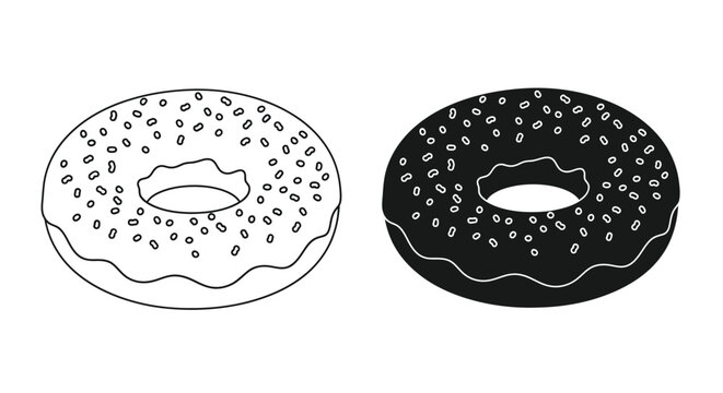 A black and white illustration depicts two donuts one light and one dark both covered in sprinkles high quality professional detailed