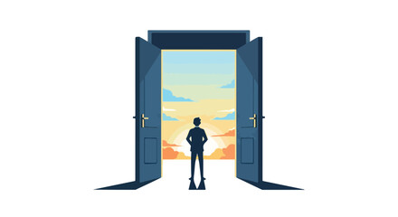A man stands in front of wide-open doors, silhouetted against a vibrant sunrise or sunset landscape, symbolizing new opportunities. © Ubay