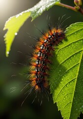 Fototapeta premium Close-up of a colorful caterpillar on a dewy green leaf in sunlight