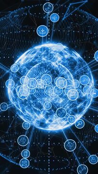 Globe lighting up, spawning email cloud icons, pulsing radial lines in dotted grid, showing network