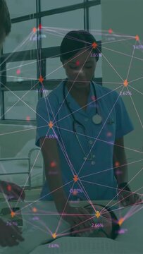 Male using device activating network overlay showing % labels while female doctor assessing patient