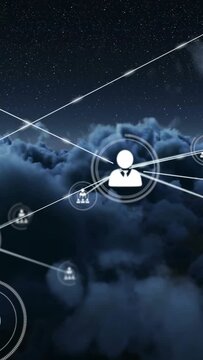 Vertical video: Main avatar emitting rings and linking group nodes, growing org network over clouds