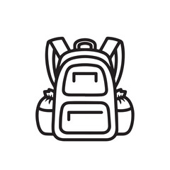Naklejka premium Backpack Icon Simple Line Drawing of a Travel Bag with Pockets and Straps Isolated on White Background Stock Icon