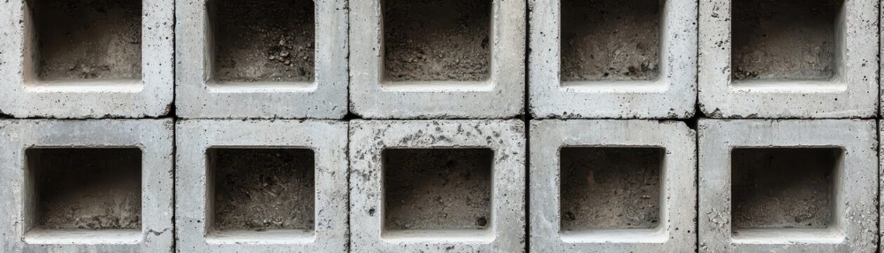 Stacked gray concrete breeze blocks showing rectangular openings and rough textured surfaces