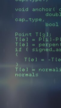Vertical video: Playback starting, green code column scrolling up, revealing C++ logic, lens flare