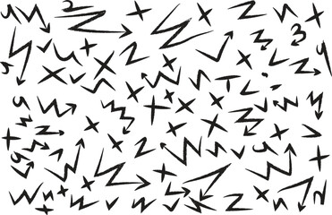 A Diverse Collection of Hand-Drawn Arrows, Z-Shaped Lines, and Cross Symbols on a White Background, Offering Versatile Design Elements © Bidhan