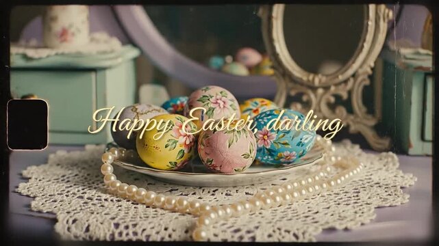 Pastel vanity with lace doilies strings of pearls and a plate of hand painted eggs camera does slow 360