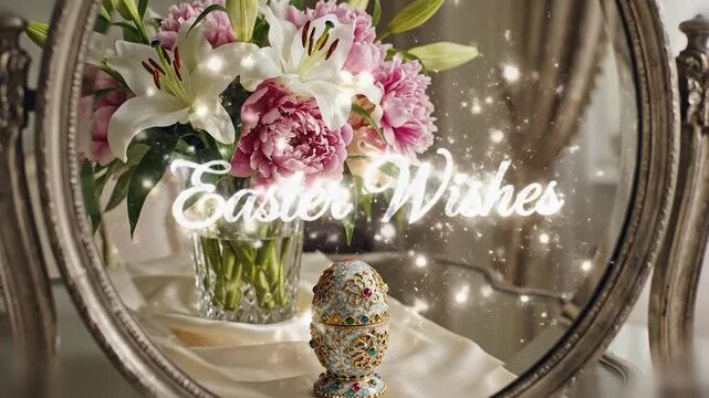 Mirrored vanity reflection shows bouquet and single ornate Easter egg in soft light
