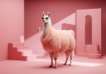 Fototapeta premium A fluffy pink llama wearing sunglasses stands in a minimalist pink studio with geometric shapes