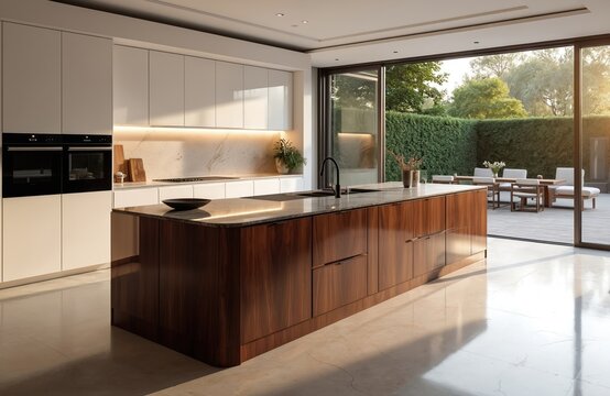 Modern high gloss kitchen island with rich wood cabinets. Contemporary design flows to outdoor patio dining area. Sleek appliances integrated into clean white cabinetry. Open plan living space.