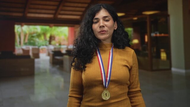 Woman young brunette covers eyes with hand while wearing gold number one medal on red white blue ribbon in hotel building lobby; pride modesty celebration.