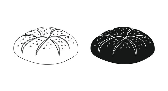 A detailed black and white illustration showcases two round breads one light and one dark with scored patterns high quality professional