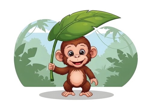 Cute cartoon monkey holding a large green leaf umbrella
