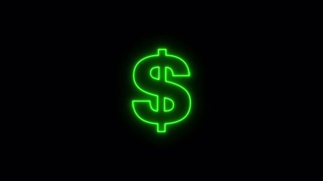 Dollar icon animation, glowing neon dollar sign, financial and wealth concept symbol on black background. Neon dollar icon.