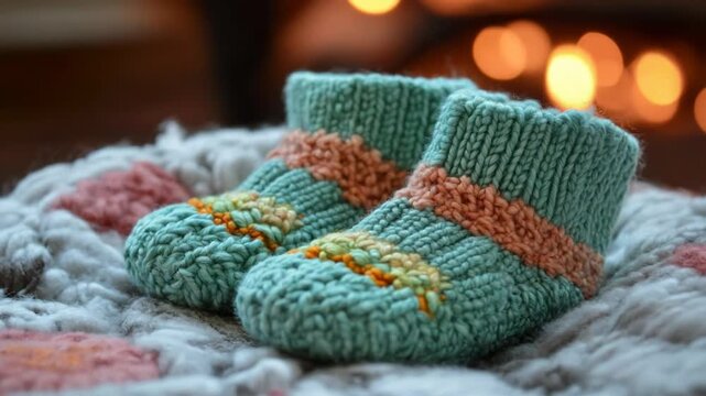 Tiny handmade wool socks for a newborn resting on a soft blanket with a warm, cozy background