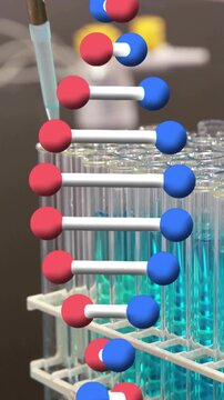 Vertical video: Pipette entering pausing at lab tubes for test while molecule passing, hiding tubes