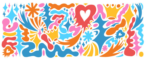 Naklejka premium Colorful and playful organic geometric cutout shapes and element with fun amoeba blobs. Liquid forms, star asterisk and heart, arrow with crown, twinkles. Abstract figure and playful hand drawn set.