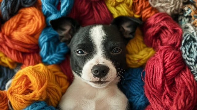 Adorable black and white puppy with a smiling expression resting comfortably in a bed of wool