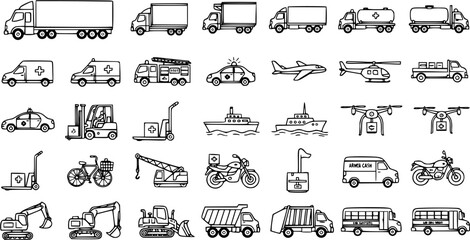 Black and White Line Art Icons of Various Vehicles and Transportation Modes for Logistics and Delivery © pixsource