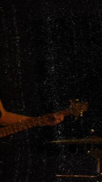 Vertical video: Bearded singer moving to mic, singing as camera widening revealing guitars, grain