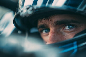 Naklejka premium Confident Racing Driver Looking at Camera While Waiting in Formula One Car, Motorsport Portrait Concept