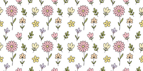 Fototapeta premium Seamless floral pattern with cute pastel flowers and leaves in hand drawn style. Soft colorful botanical design perfect for textiles, wrapping paper, kids products, and spring branding