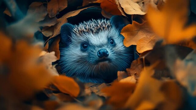 Adorable little hedgehog with a curious expression looking out from a den of golden autumn foliage