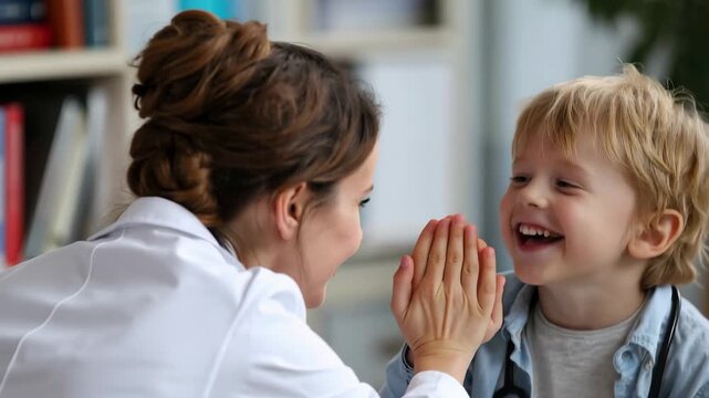 Happy little boy joyfully giving a high five to a pediatrician in a bright, welcoming clinic setting during a routine check-up