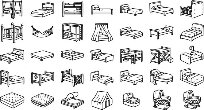 Furniture Industry: Diverse Bed Types, Cribs, Bunk Beds, Hammocks, and Mattresses Outline Line Art Icons Set for Home Decor