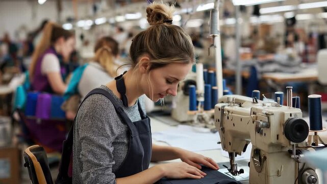Happy female dressmaker enjoys her work at a sewing machine in a busy garment factory during the daytime