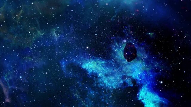 Abstract space background with colorful nebula, rotating asteroid, and twinkling stars, dynamic cosmic footage