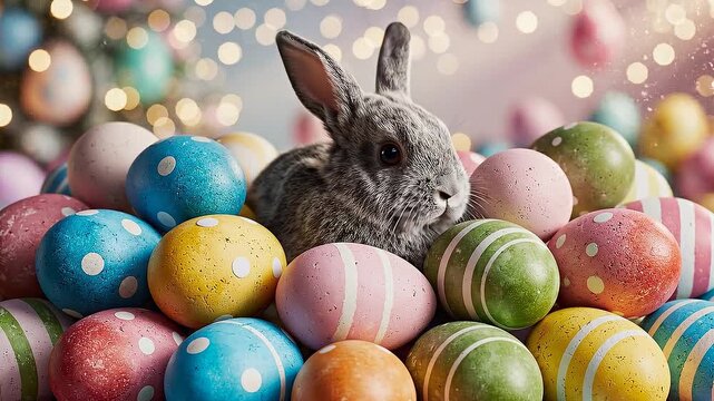 A gray bunny peeks out from a pile of colorful Easter eggs with various patterns in a festive setting with blurred lights in the background.