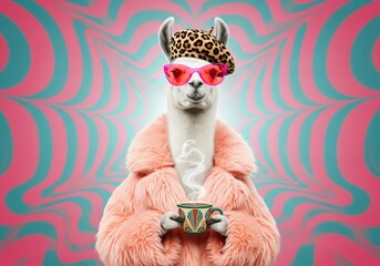 Fototapeta premium Stylish llama wearing sunglasses and a leopard print beret holds a steaming cup of coffee