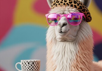 Fototapeta premium Cool llama wearing sunglasses and a beret sips from a patterned mug