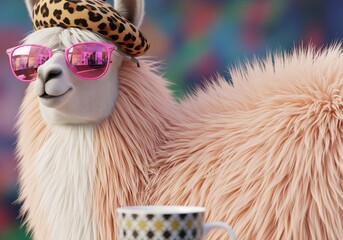 Fototapeta premium Cool llama wearing sunglasses and a beret enjoys a drink