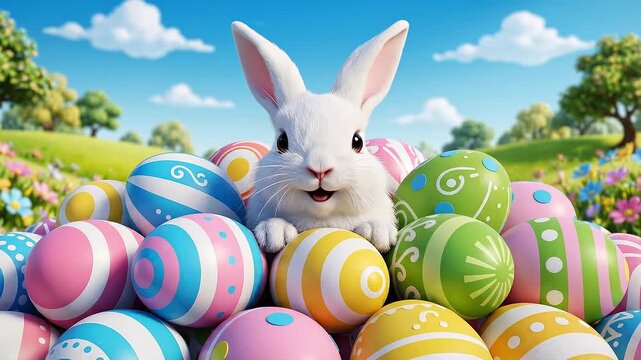 A cheerful white bunny peeks out from a vibrant pile of decorated Easter eggs in a sunny outdoor setting with trees and flowers.