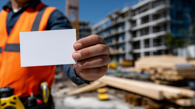 Wide bright perspective of a faceless construction worker from behind at an active site, arm reaching forward presenting a blank business card, construction tools, lumber, and scaf