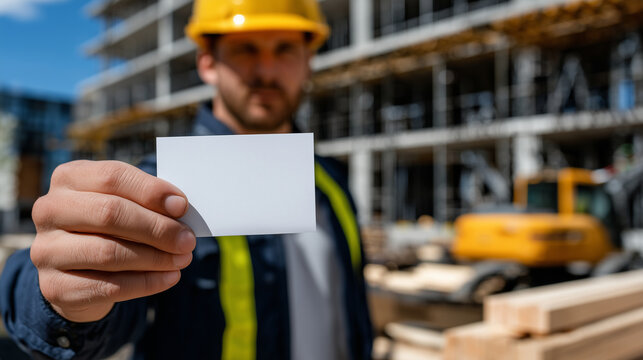 Wide bright perspective of a faceless construction worker from behind at an active site, arm reaching forward presenting a blank business card, construction tools, lumber, and scaf