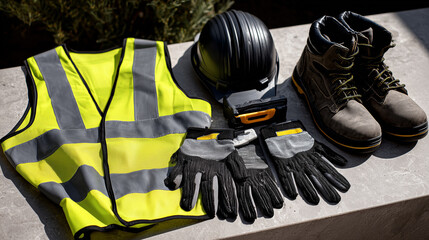 Naklejka premium Wide bright flat lay of full safety workwear essentials on a neutral stone surface, including a high-visibility helmet, safety vest, heavy-duty gloves, work boots, and a compact to